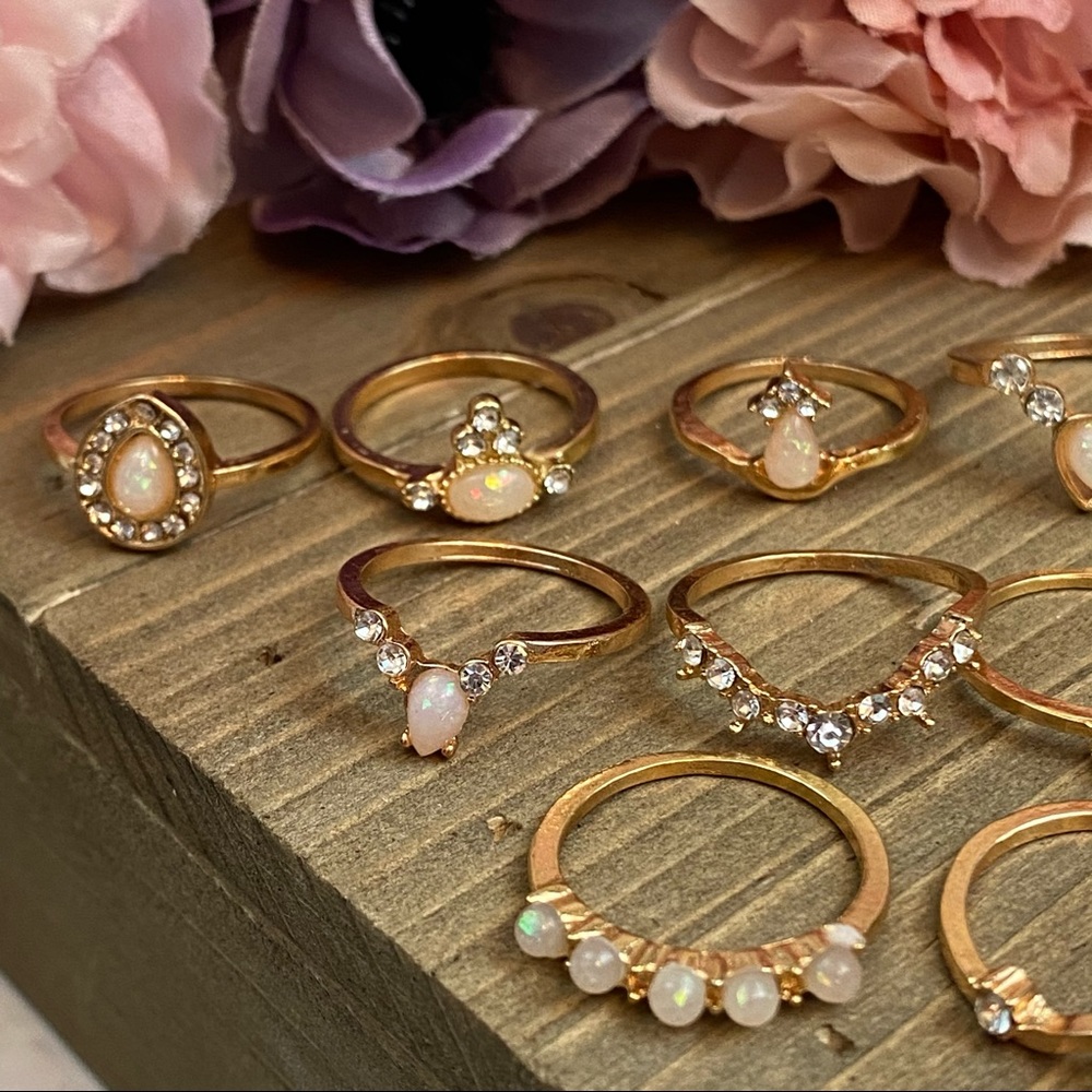16 Pcs Boho Gypsy Gold, Crystal & Opal Ring Set - Picture 11 of 14